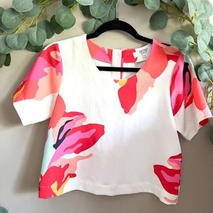 CROSBY BY MOLLI BURCH Pink and White Floral Crop Blouse Button Detail Size XS